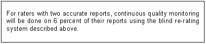 Text Box: For raters with two accurate reports, continuous quality monitoring will be done on 6 percent of their reports using the blind re-rating system described above. 