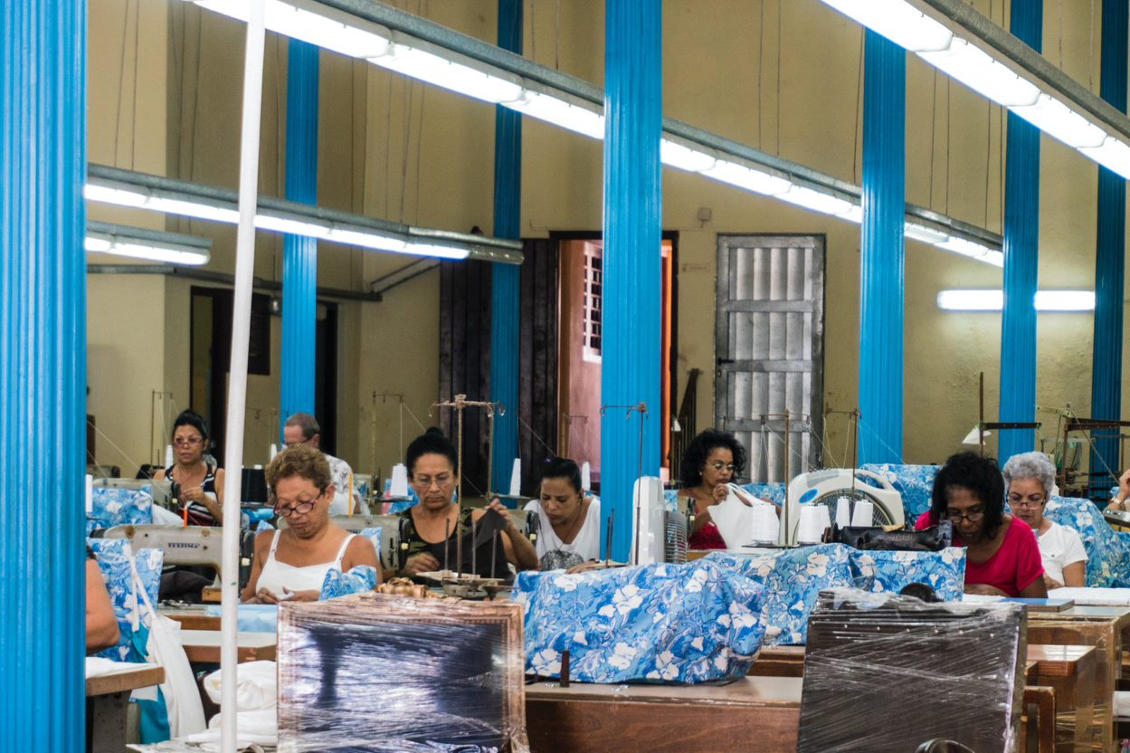 Women in Havana Cuba working on sewing various materials