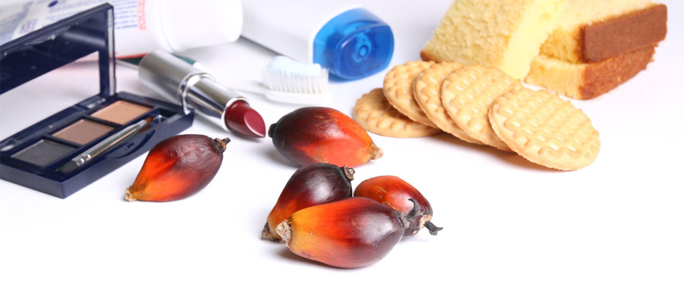 Palm fruits and products containing palm oil, including makeup, toothpaste, soap, and baked goods.