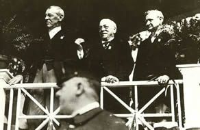 President Woodrow Wilson (left) with American Federation of Labor founder Samuel Gompers (center), and Labor Secretary William B. Wilson at an undated Labor Day Rally.