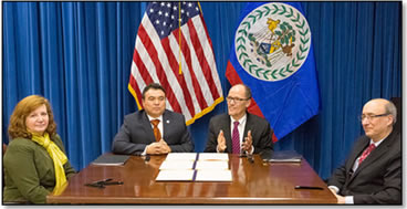 (From left) Principal Deputy Administrator of the Wage and Hour Division, Laura Fortman; Ambassador Mendez; Secretary Perez; and Assistant Secretary of Labor for Occupational Safety and Health, Dr. David Michaels meet to sign the consular partnership agreement between the United States and Belize.