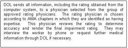 Text Box: DOL sends all information, including the rating obtained from the computer system, to a physician selected from the group of approved rating physicians.  The rating physician is chosen according to AMA chapters in which they are identified as having expertise.  This physician reviews the rating to determine accuracy and render the final impairment rating.  They may interview the worker by phone or request further medical information through DOL if necessary.
