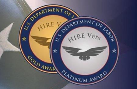 HIRE Vets Gold and Platinum medallions with the words U.S. Department of Labor, Platinum Award with Eagle