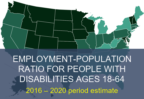 Small teaser map of states colored by the employment-population ratio for people with disabilities ages 18-64.
