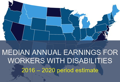 Small teaser map of states colored by median annual earnings for workers with disabilities.
