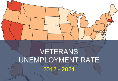 Small teaser map of states colored by veterans unemployment rates.