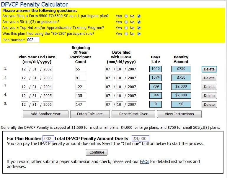 DFVCP Penalty Calculator Example Two