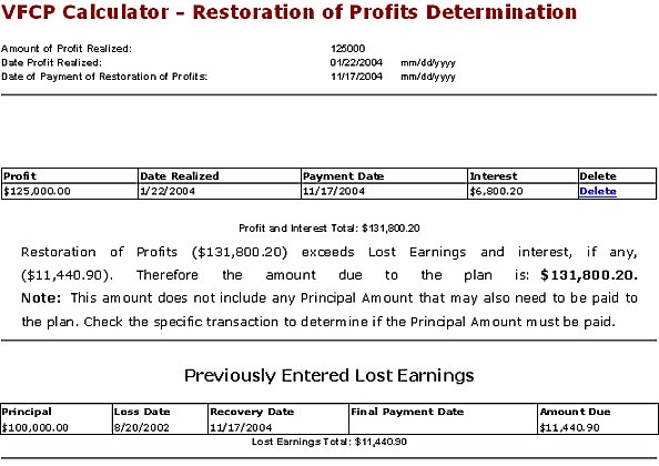 VFCP Calculator - Restoration of Profits Determination