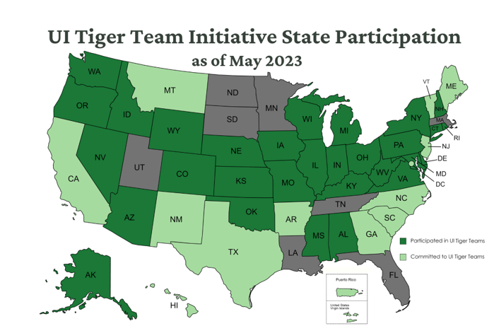 A map showing states that have participated in (or are currently participating in) Tiger Team initiatives.