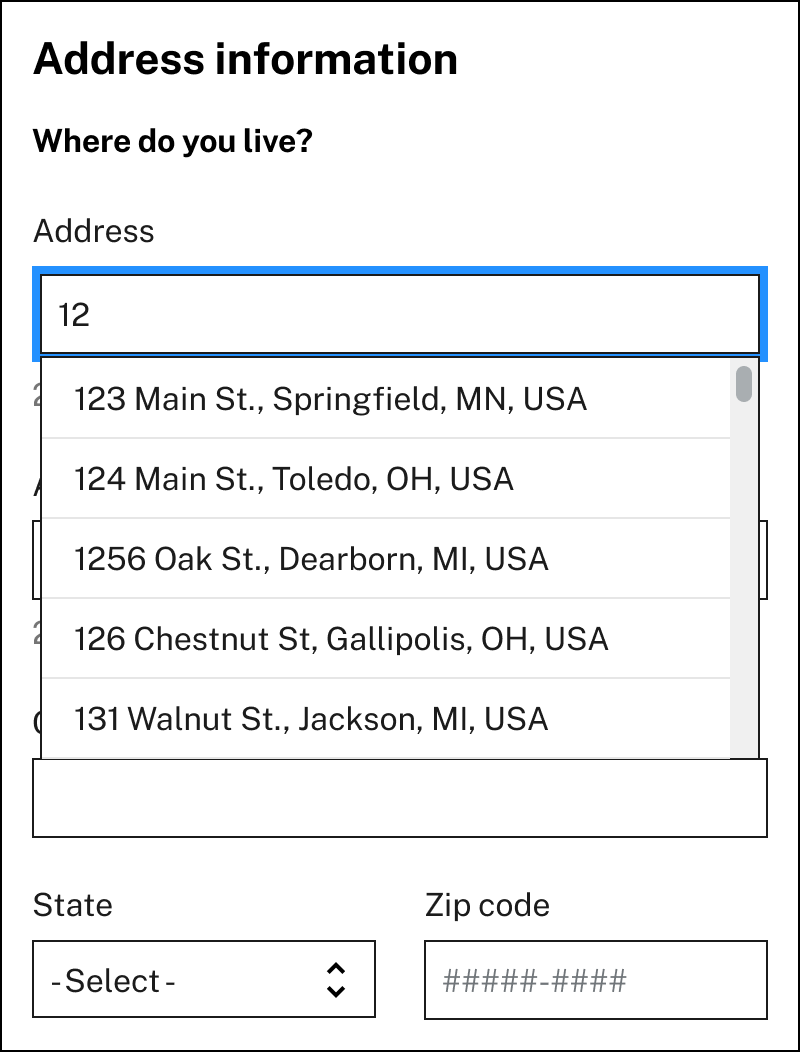 Address field showing the 'search as you type' feature