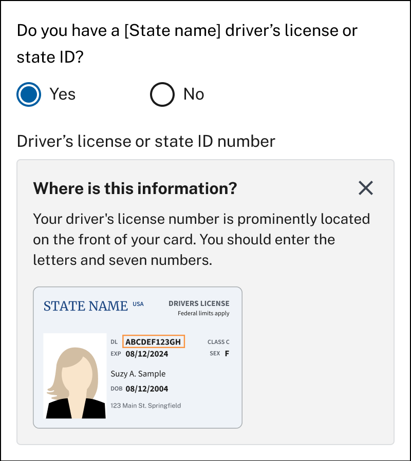 Contextual help showing an illustration of a driver's license indicating where the license number is located
