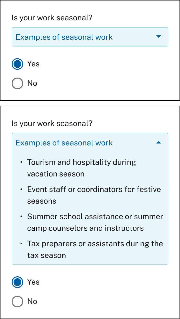 Illustration showing how to use help text reveal to provide additional information to claimants, whether definitions of unemployment terms or examples.  