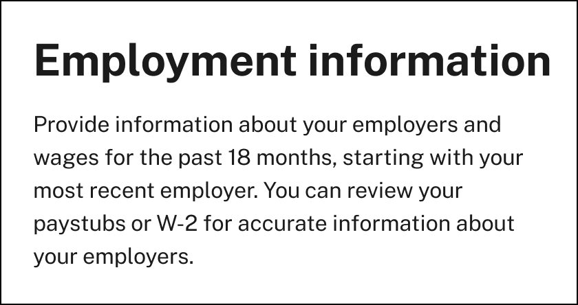 Illustration showing how to use “page lead” helper text to provide information to claimants about the reasons their employer information is collected.  