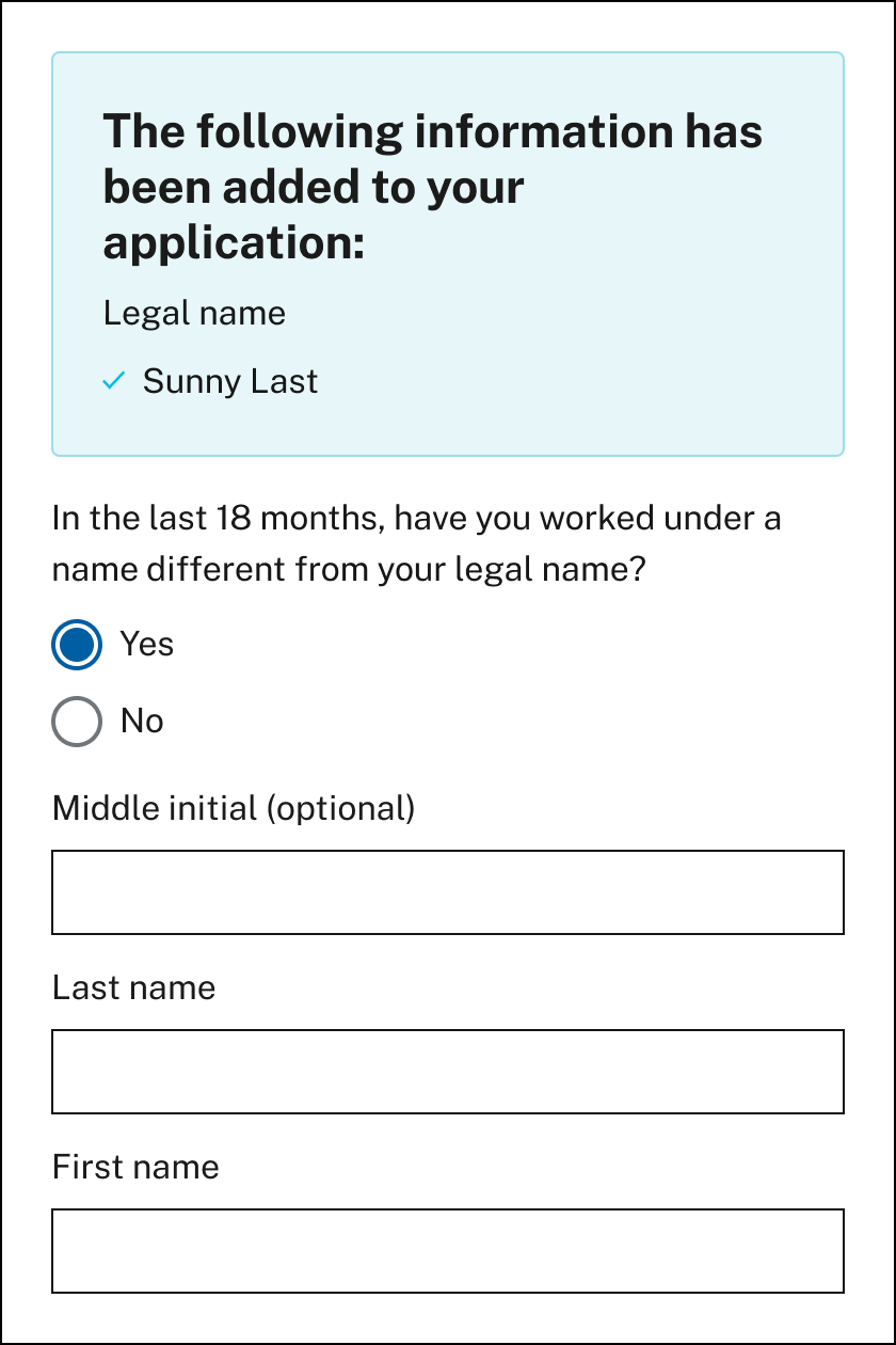 Illustration showing an unemployment application screen with pre-populated information about the claimant’s previous employer, and a question asking to confirm if the pre-populated information is correct. 