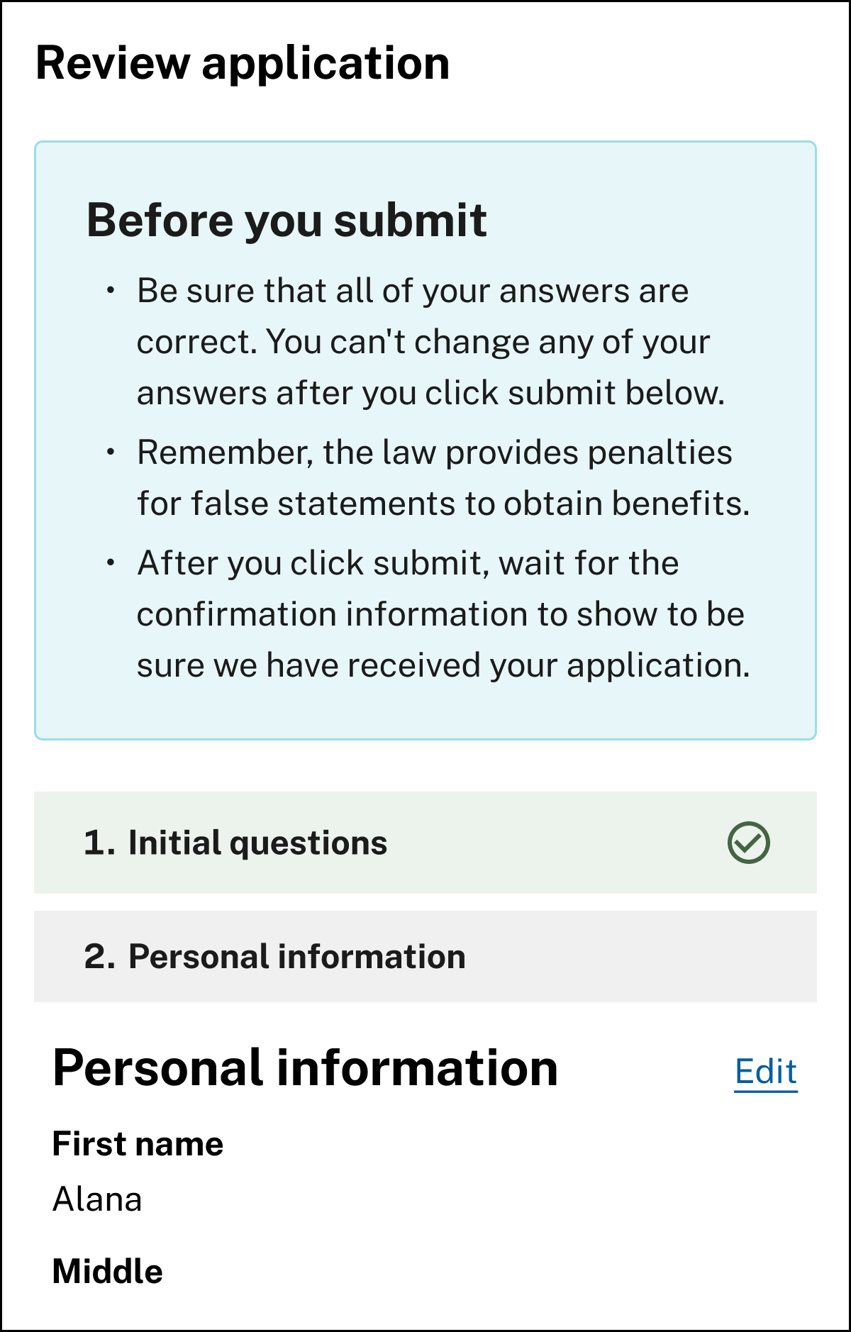 Review page showing an individuals' answers and 'Edit' button