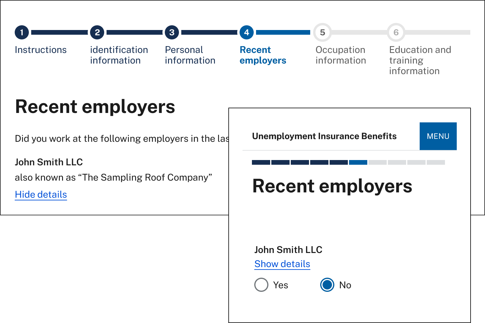 Illustration showing a progress bar with each step in the unemployment insurance application process, and where the claimant is at a particular point in time. 