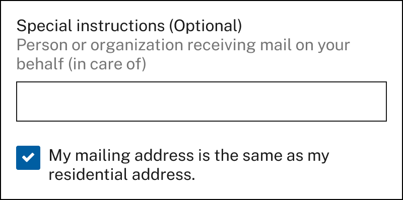 'Special instructions' field with the help text "Person or organization receiving mail on your behalf (in care of)"