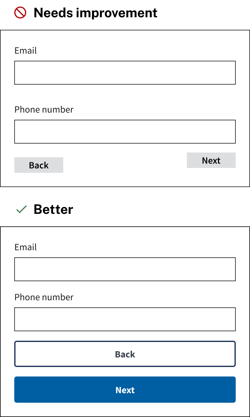 Illustration showing two screens, the first one needs improvement because the input fields and other elements all over; the second screen works better on mobile by stacking input fields, labels, and buttons in a single column. 