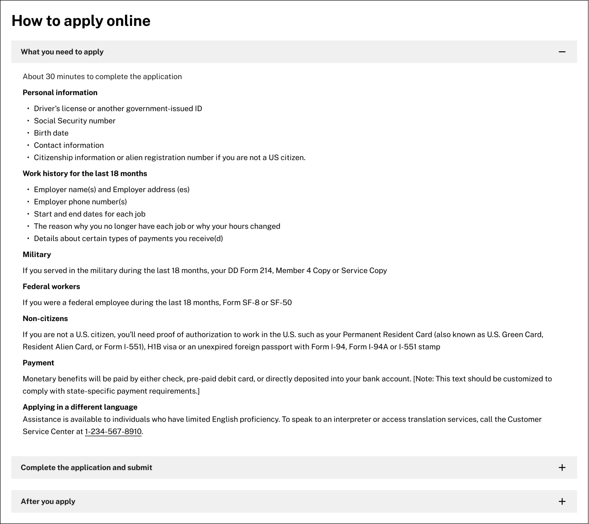 A checklist detailing how to apply online for unemployment insurance with a list of required documents.