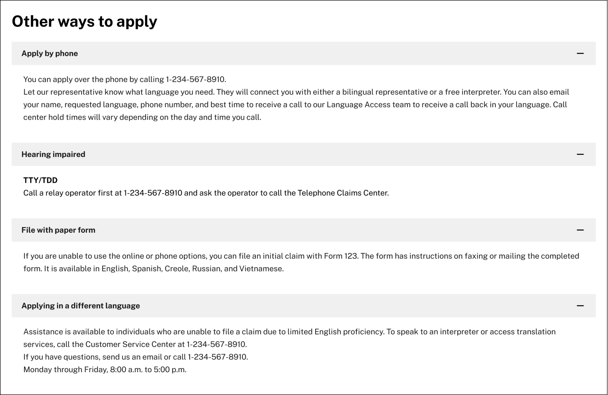 A list of ways to apply for unemployment insurance that includes by phone, paper form, in another language or if hearing impaired.