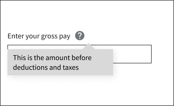 The example shows help text that displays only when the mouse hovers over a "question mark" icon.