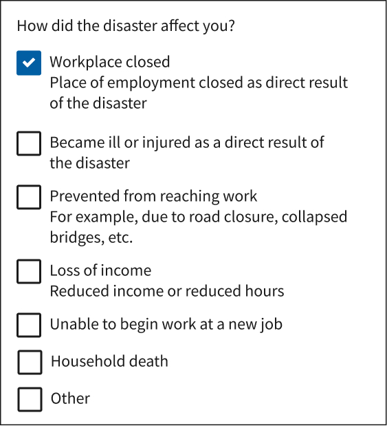 The example shows a list of options to choose from to answer the question "How the disaster affect you? Only the first option has been selected: "Workplace closed". Other options include "Became ill or injured" and "Loss of income".
