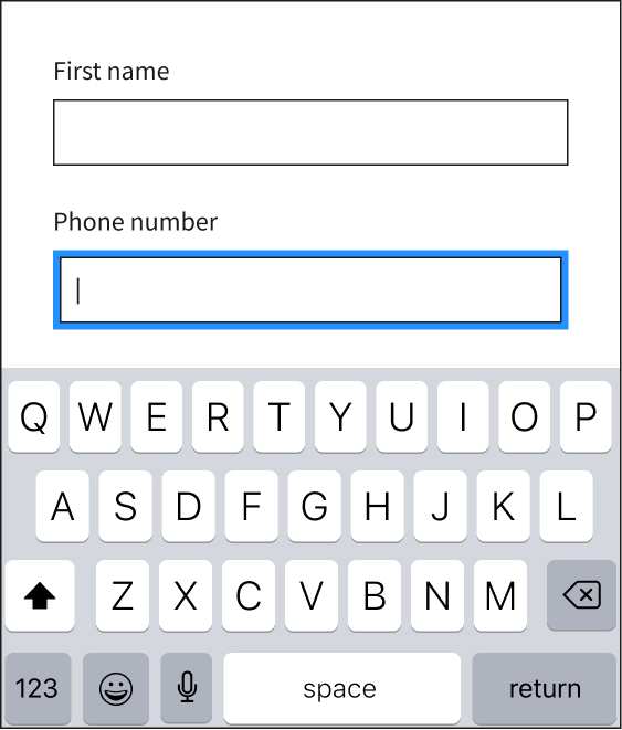 The example shows a numeric input field highlighted, asking about "phone number" while the form is set to display the alphabetical keyboard on mobile devices.