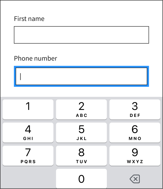 The example shows a numeric input field, "phone number", and the form is set to display the numeric keyboard on mobile devices.