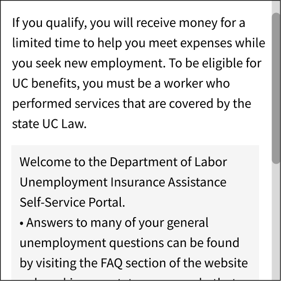 The example shows a screen with a single scroll bar, and two types of text, one highlighted using light grey in the background. The content of the page can be navigated using a single scroll bar.