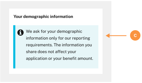 The letter "C" points to the helper text explaining to applicants why demographic information is collected.