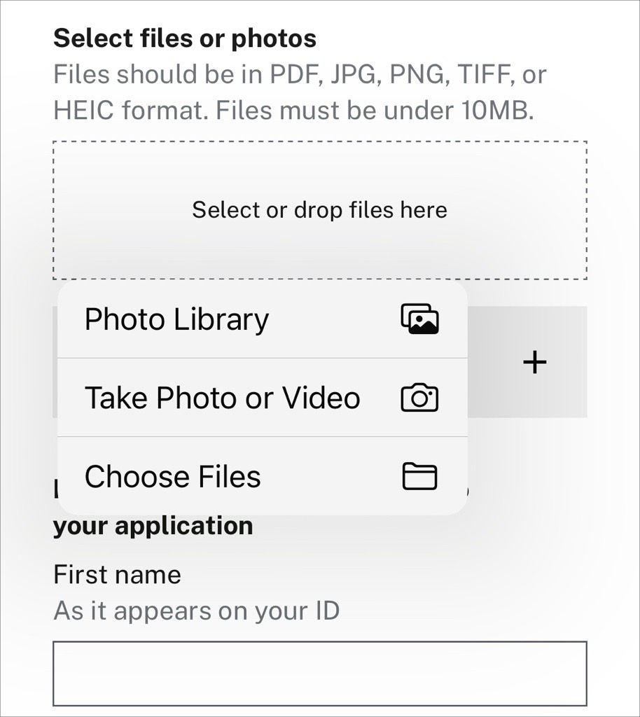 A design pattern showing the native file picker on iOS with options for the photo library, taking a photo or video, or choosing files