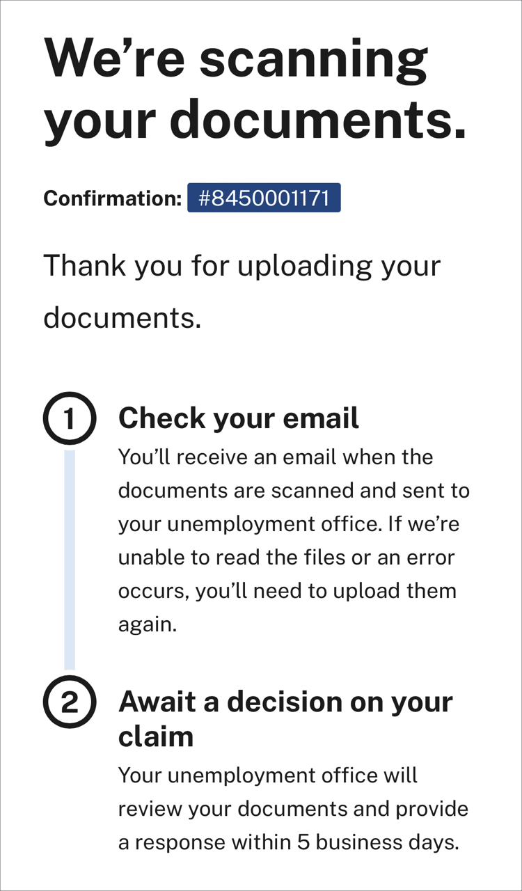 Example confirmation page after uploading documents successfully