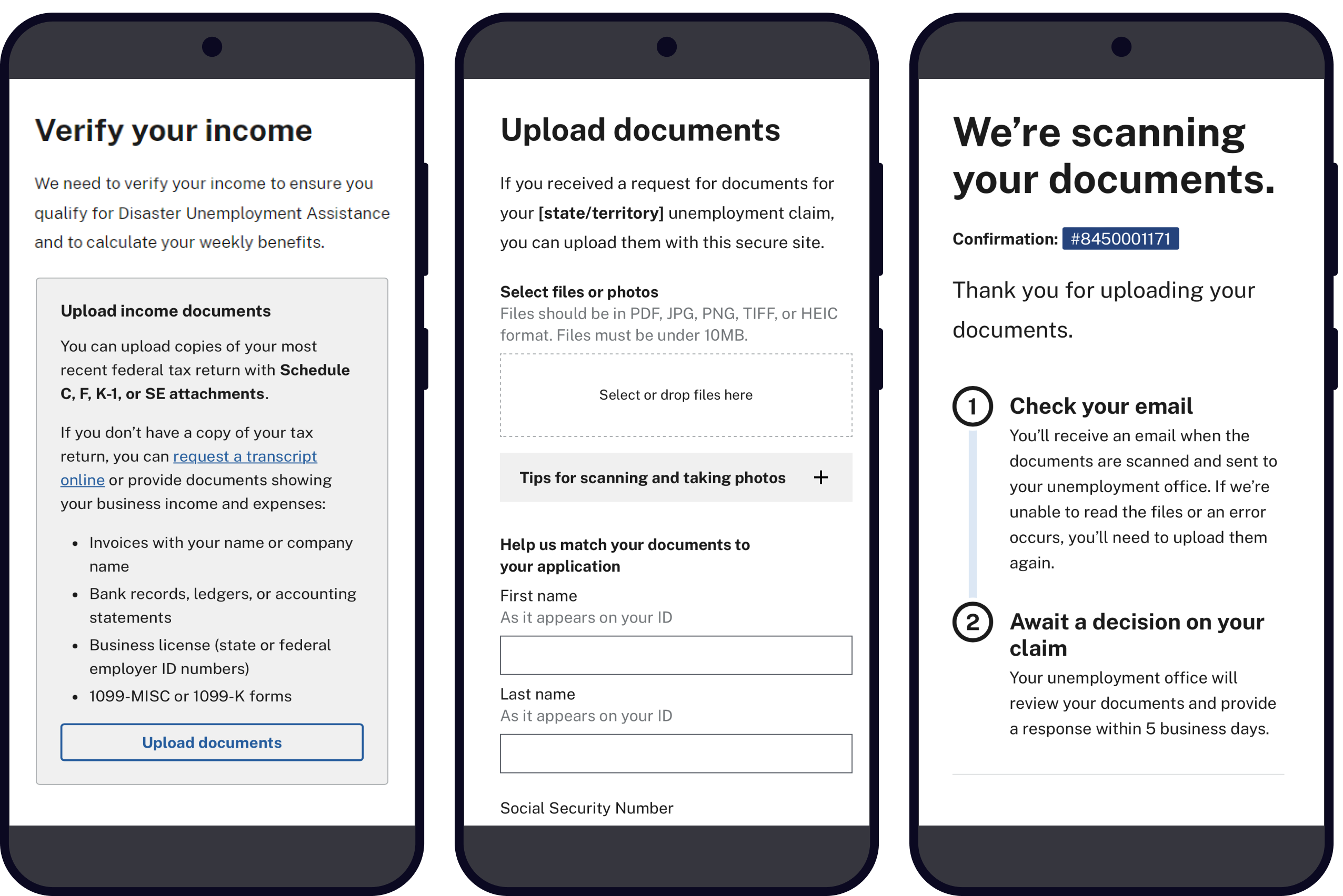Screenshots requesting income verification documents as part of an unemployment claim 