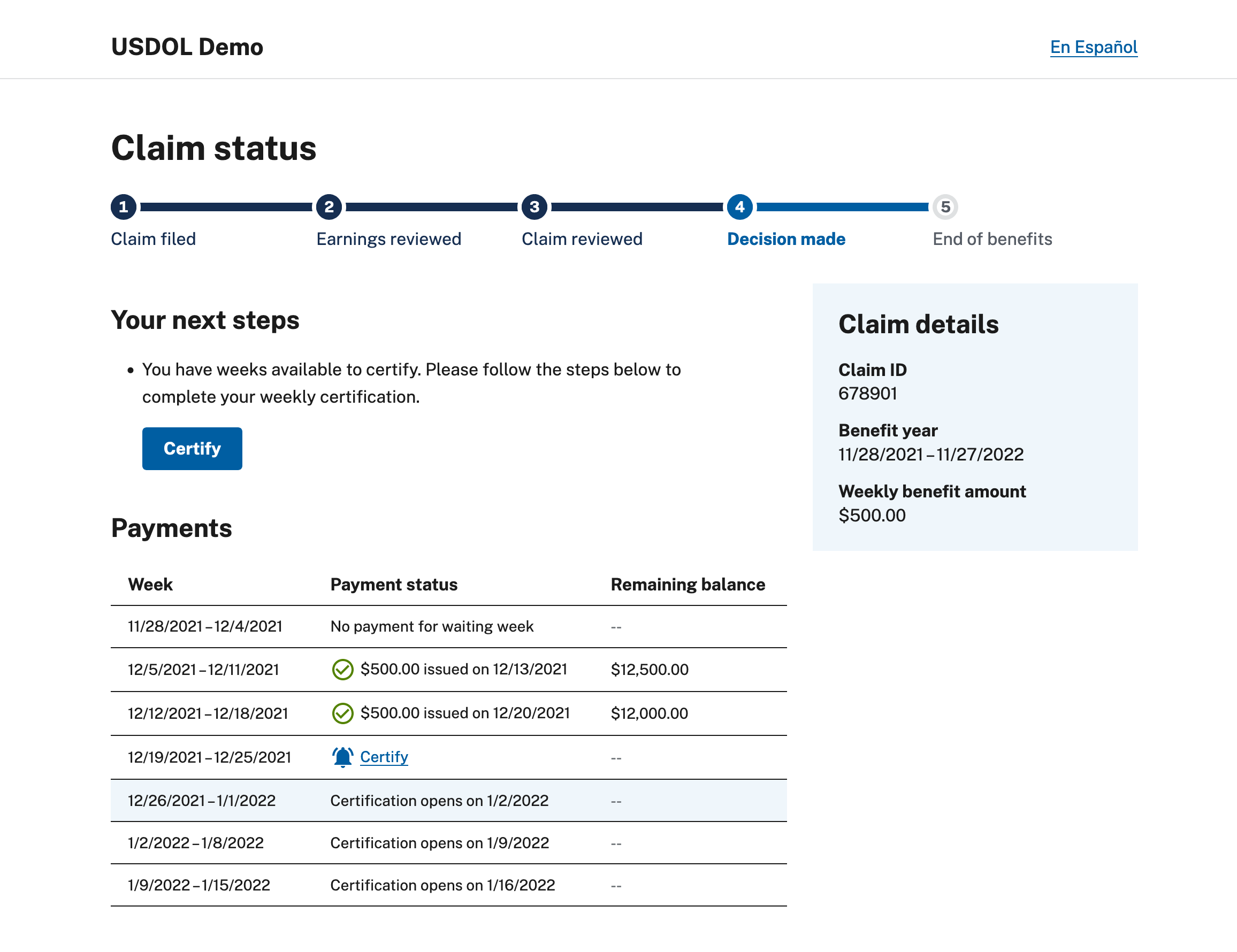 Screenshot of example claims status page in English