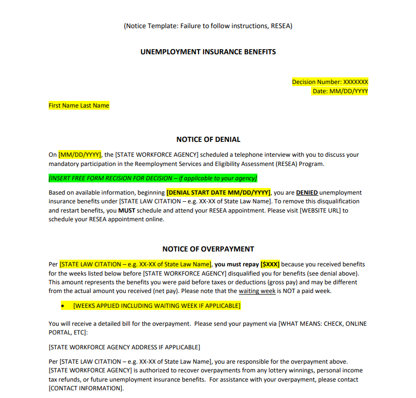 Revised notification for a claimant who has failed to follow RESEA instructions