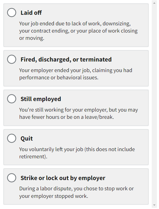 A list of separation options with definitions beneath each to help the claimant.