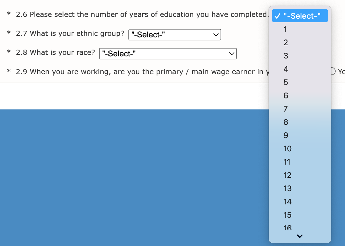 A drop down menu showing years of education ranging from 1 to over 16