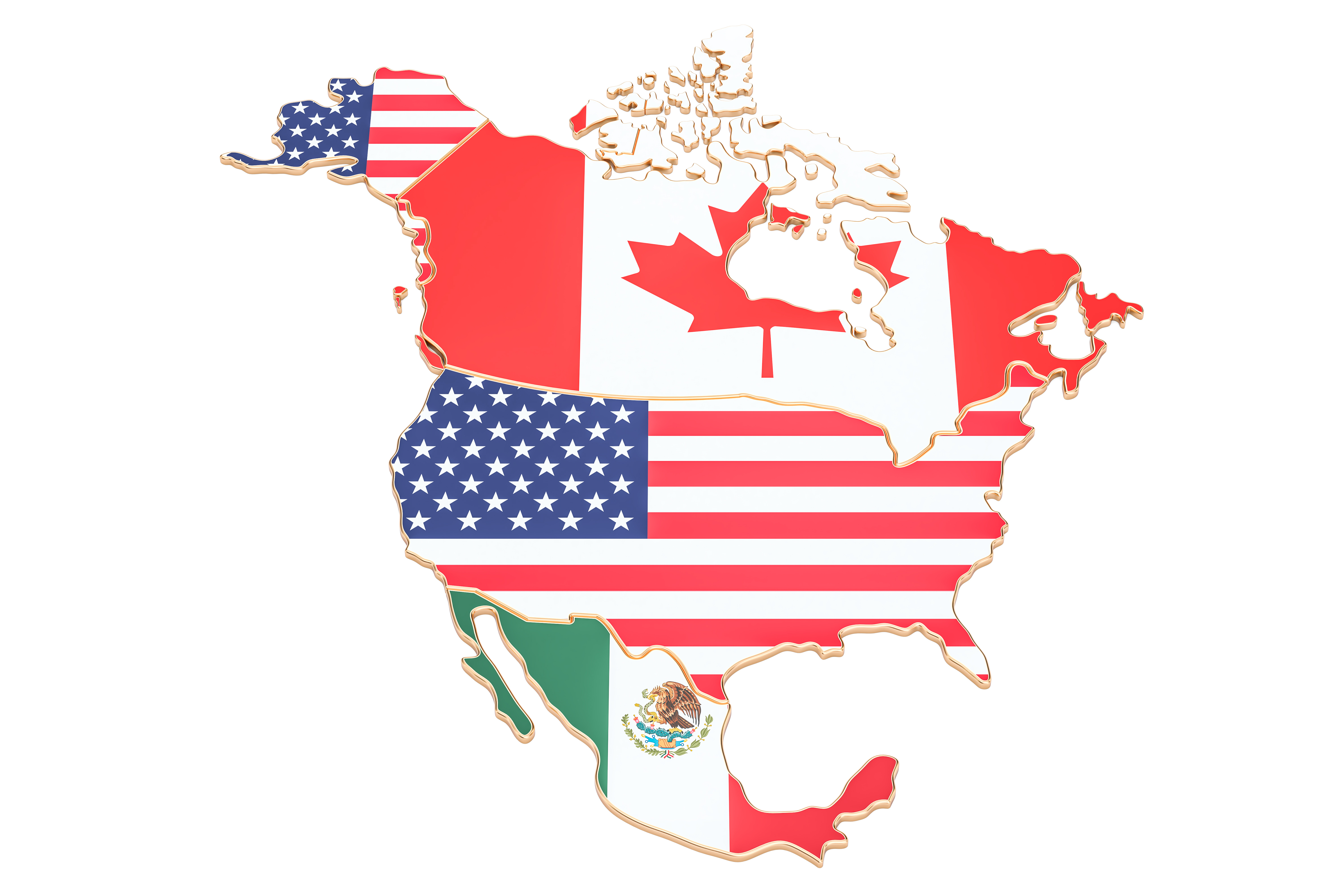 Map of North America with the flags of Canada, United States and Mexico
