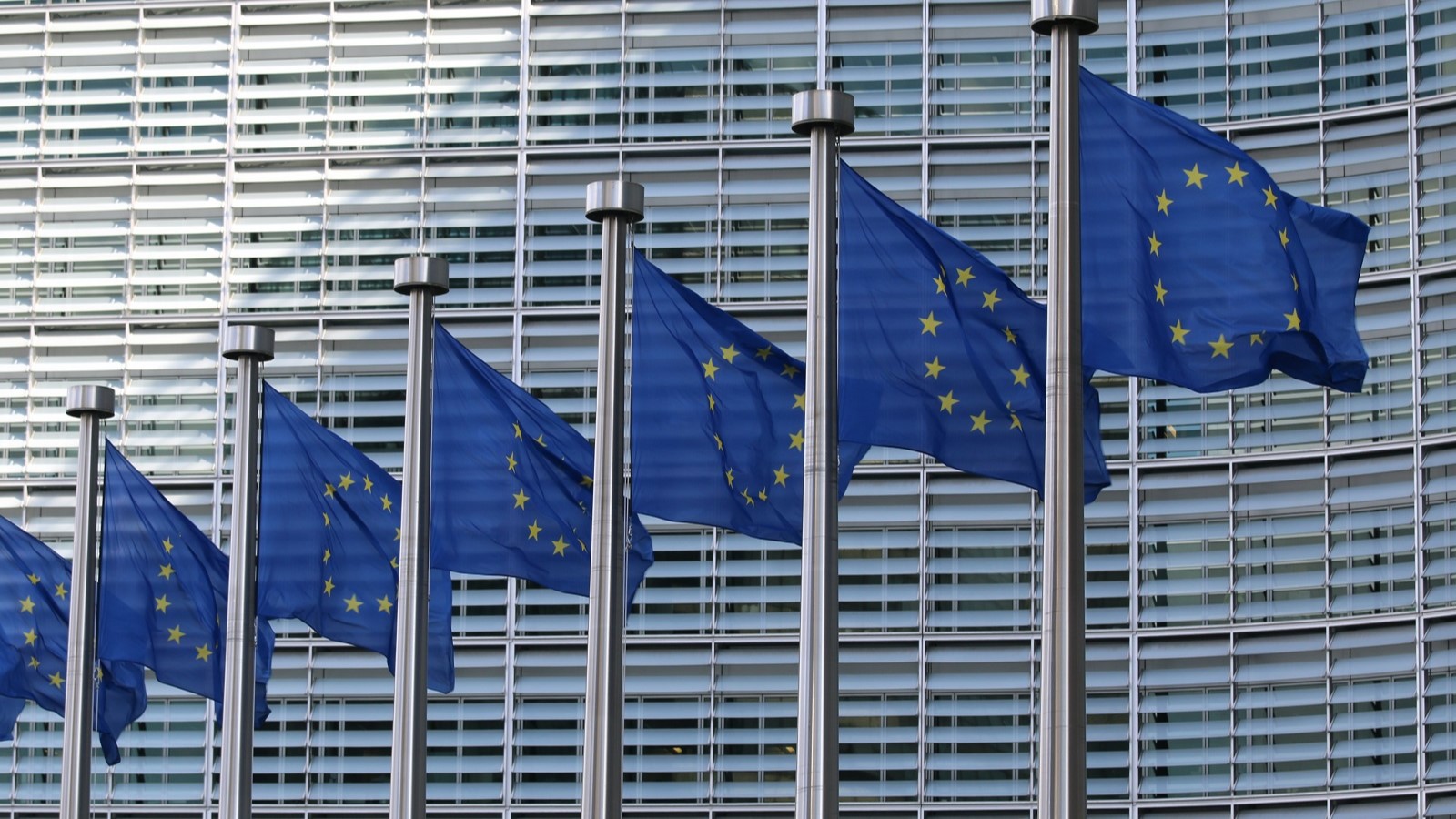 Seven European Union flags on poles outside of large gray building