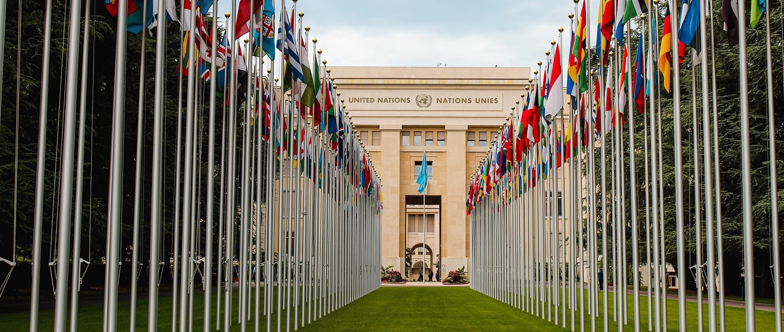 United Nations headquarters in Geneva, flags around the world