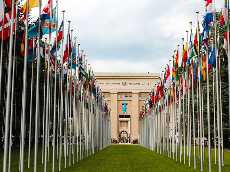 United Nations headquarters in Geneva, flags around the world.
