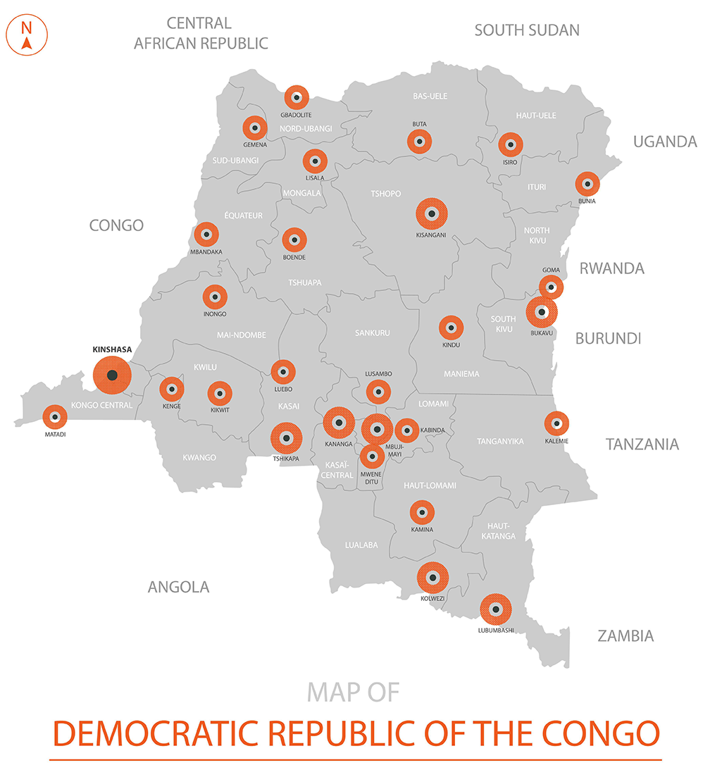 Map of the DRC, indicating where cobalt comes from