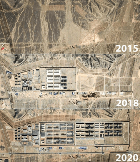 Three separate satellite images of the same site taken in Xinjiang in 2015, 2018, and 2020 show rapid constructions of camps over the 5-year period.