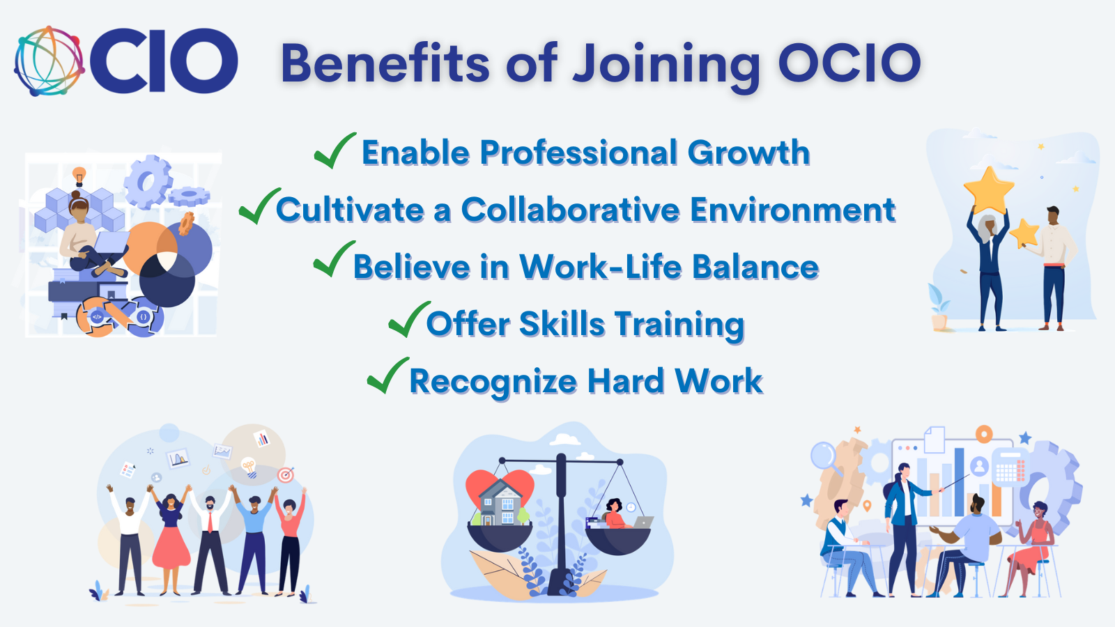 OCIO – Benefits of Joining OCIO. Enable professional growth. Cultivate a collaborative environment. Believe in work-life balance. Offer skills training. Recognize hard work.