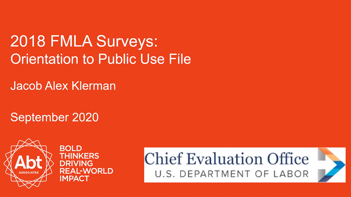 To gain knowledge of how employees and employers understand and experience FMLA, the U.S. Department of Labor surveyed employees and employers in 1995, 2000, 2012, and 2018. Final study materials include public use data from employee and worksite surveys. Watch and learn how you can use the 2018 data files in research and decision-making.