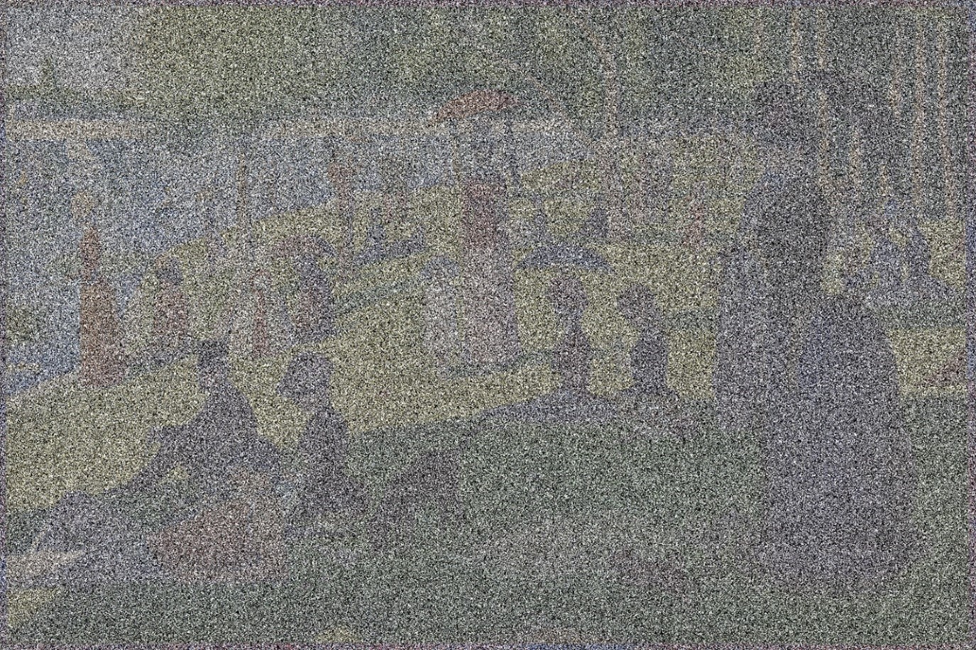 A painting depicts a crowd of individuals gathered in a park along a river. Compared with figure 3, some pixels have been randomly lightened or darkened, representing noise, which preserves privacy by obscuring the original values.