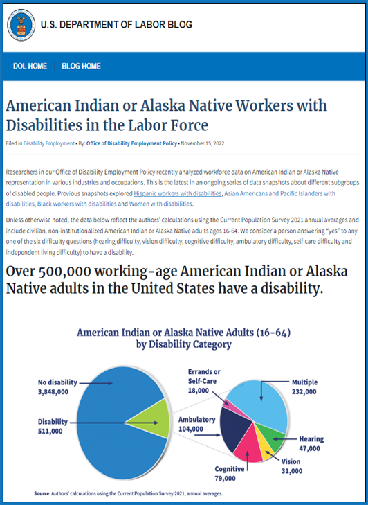 Screenshot of the American Indian or Alaska Native Workers with Disabilities in the Labor Force data blog for decorative purposes.