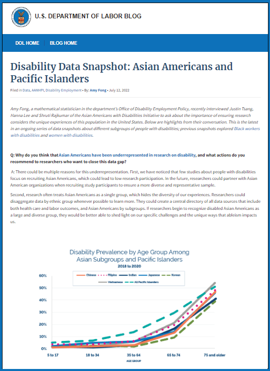 Screenshot of the Asian Americans and Pacific Islanders Disability Data Snaphot blog for decorative purposes.