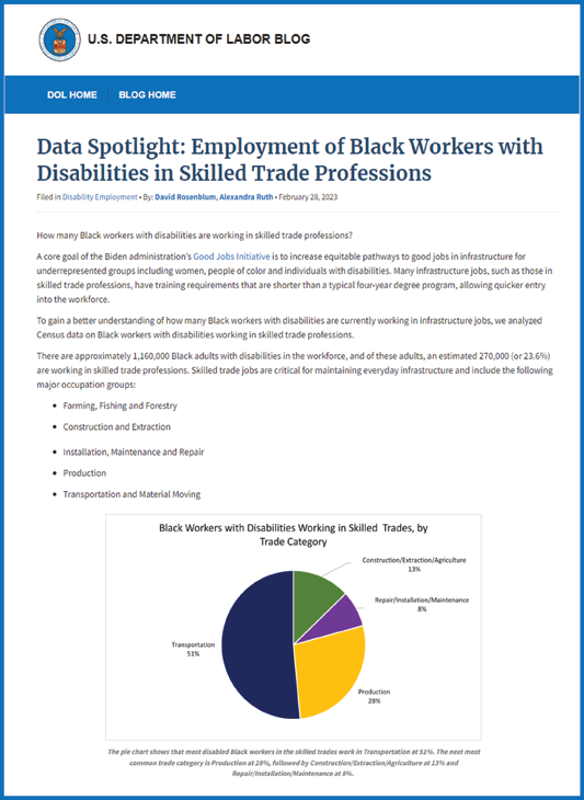 Decorative image representing a data blog, with the title (Data Spotlight: Employment of Black Workers with Disabilities in Skilled Trade Professions).