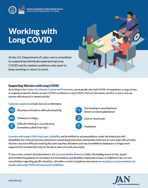 The front side of the Long COVID Factsheet, which has a group of employees working at a table.